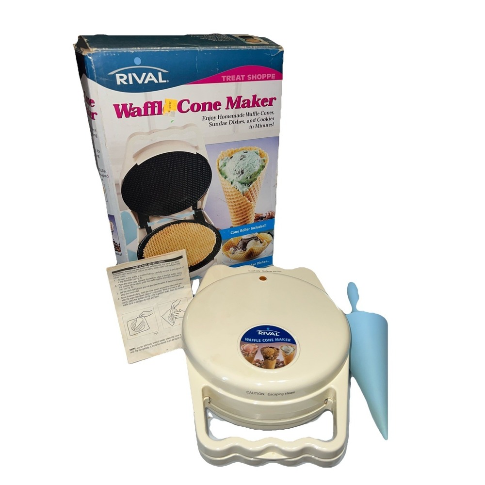 Vintage 2001 Rival Waffle Cone Maker Model WC800 White Cone Roller Manual Tested